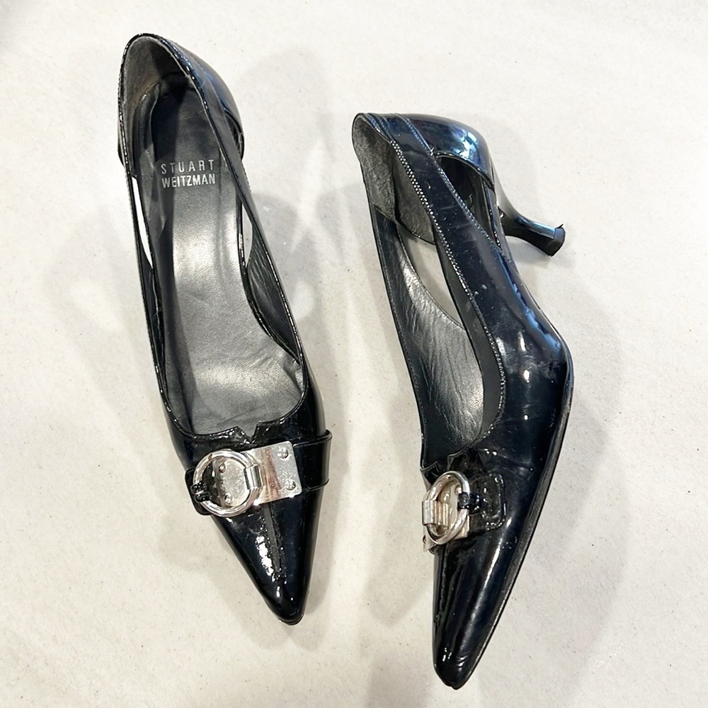 Stuart Weitzman Tabetha Patent Leather Kitten Heels Black Buckle Pointed Toe 7